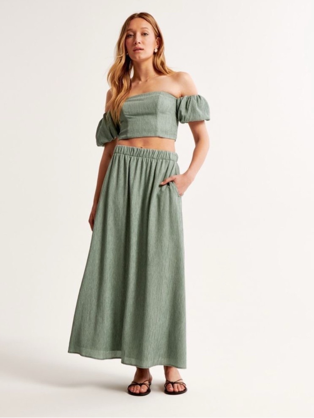 Abercrombie & Fitch SET Green Ruched One Shoulder top with long skirt